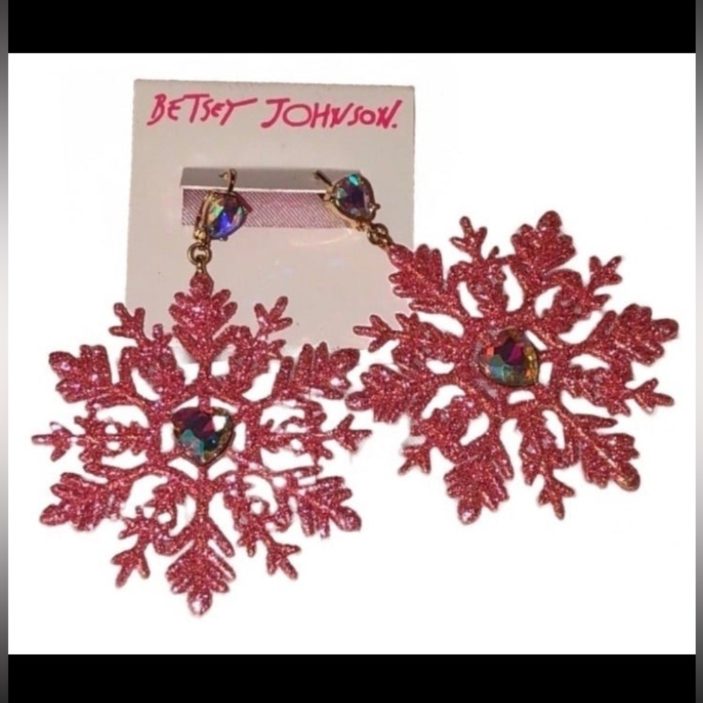 BETSEY JOHNSON Christmas Holiday Pink Sparkle Snowflake Dangle Earrings NEW NWT